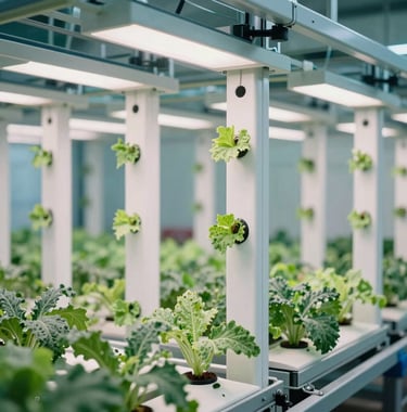 A high-tech hydroponic vertical farming system inside a Southeast Asian / Malaysian facility, showcasing Buraq Barakah agro-technology. The lighting is vibrant with soft white and muted teal tones, emphasizing sustainable agricultural innovation.