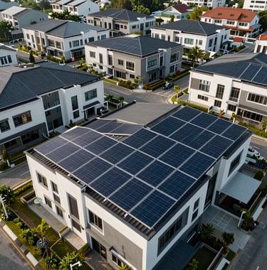 A wide shot of a modern residential neighborhood in Malaysia with sleek solar panel systems installed on rooftops, representing Intervolts' renewable energy services.