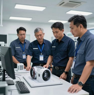 A group of Southeast Asian / Malaysian engineers wearing navy and slate blue uniforms, reviewing a 3D product prototype in a modern R&D lab with bright, clinical lighting and high-tech equipment.