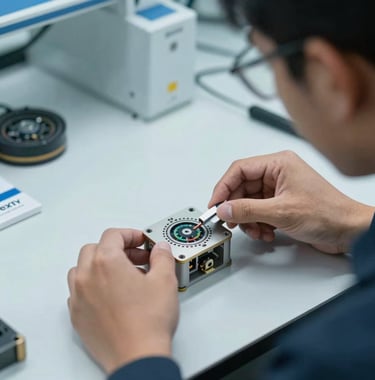 A close-up of a Southeast Asian / Malaysian product designer working on a hardware prototype in a clean, modern R&D lab for Vexty Engineering. The composition features soft lighting and a professional color scheme of light blue and white.