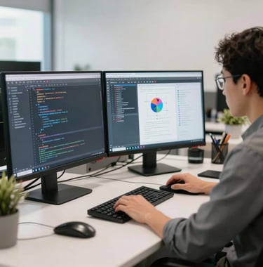 A bright, clean office space in Malaysia where a designer is working on a software development project. The desk features multiple monitors showing code and product designs, in a professional and innovative atmosphere.
