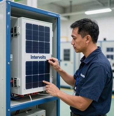 A professional Southeast Asian / Malaysian electrical engineer inspecting a modern solar power inverter system in a high-tech facility, representing Intervolts engineering excellence. The scene is bright and clean with navy blue and slate blue industrial accents.