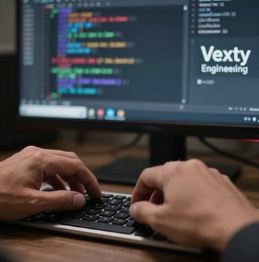 A close-up of a Malaysian software developer's hands typing on a modern keyboard, with high-tech code displayed on a blurred screen in the background, representing Vexty Engineering.
