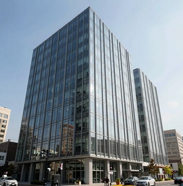 Clean, sharp architectural photography of a contemporary commercial building with glass facades and sharp angles, set in a North American business hub under bright, natural daylight.