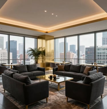 A professional interior shot of a luxury property lounge, featuring high ceilings, gold accents, and deep charcoal furniture, overlooking a city skyline through floor-to-ceiling windows.