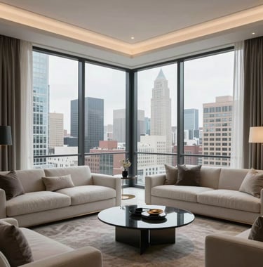 A modern luxury living room in a North American / US penthouse, featuring floor-to-ceiling windows with views of a strategic urban center. The aesthetic is clean and sophisticated with high-value finishes.