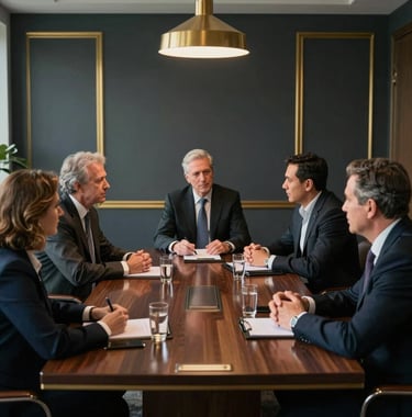 An interior shot of a sophisticated North American / US boardroom with deep charcoal and muted gold decor. Professional advisors are engaged in a strategic discussion around a polished table, conveying expertise and trust.