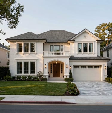 An elegant photograph of a luxury suburban estate in the United States with clean landscaping and classic American architecture, emphasizing sophisticated living.