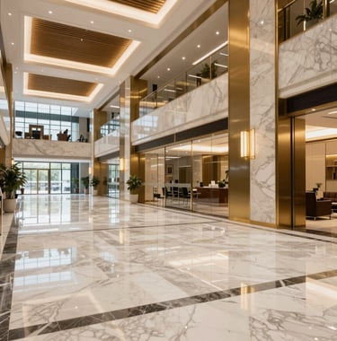 A sharp, clear photograph of a modern commercial lobby with high ceilings, marble floors, and gold accents, reflecting professional excellence.