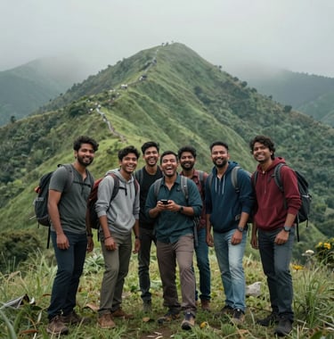 A group of South Asian / Indian friends enjoying a mountain trek, laughing and taking a photo against a backdrop of mist-covered green hills, cinematic travel photography.