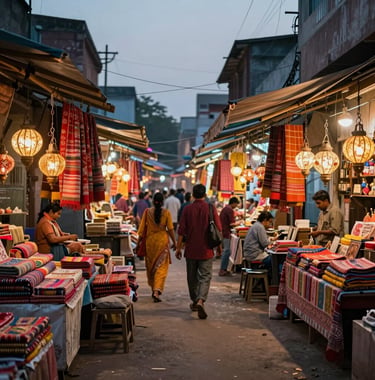 A bustling and colorful South Asian / Indian marketplace at dusk, vibrant textiles and warm glowing lanterns, capturing a sense of local culture and adventure.