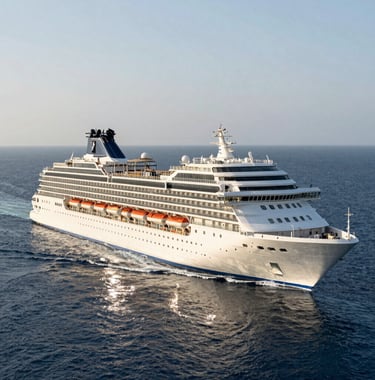 A luxury cruise ship sailing on the deep blue sea near a South Asian / Indian port city, white hull reflecting the bright sunlight, expansive horizon.