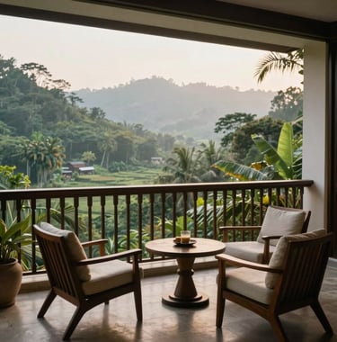 Photography of a serene luxury boutique hotel balcony overlooking a lush tropical valley, elegant wooden furniture, soft morning light, peaceful and sophisticated atmosphere, Global / International setting.