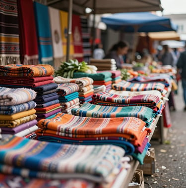 Vibrant photography of a local outdoor market with colorful textiles and fresh goods, soft focus on the foreground, bright natural daylight, authentic and inviting Global / International atmosphere.