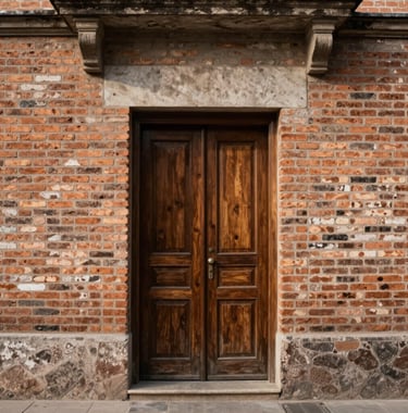 Elegant traditional house entrance with brick walls and wooden door in Capitán Bermúdez, professional architectural photography.