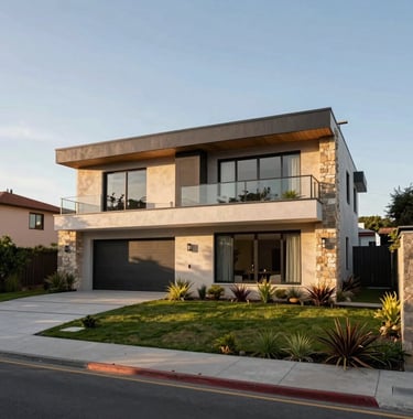 A luxury two-story house in a quiet neighborhood of Granadero Baigorria. Modern architecture with stone details and a large front garden under a clear South American afternoon sky. Professional real estate photography.