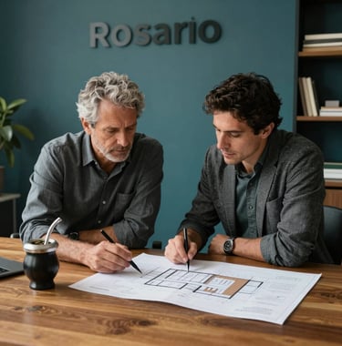 A photography shot of two colleagues discussing architectural plans over a wooden table in a stylish office in Rosario, Argentina. There is a South American atmosphere with a mate cup on the side. The colors include dark grey and teal accents.