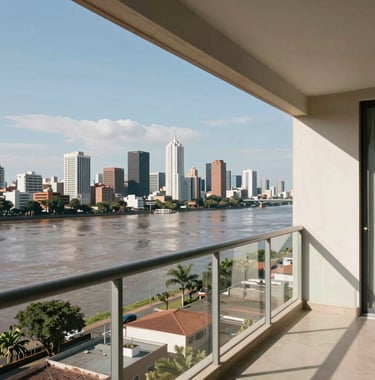 Modern apartment balcony view overlooking the Paraná River and the skyline of Rosario, Argentina, bright daylight.