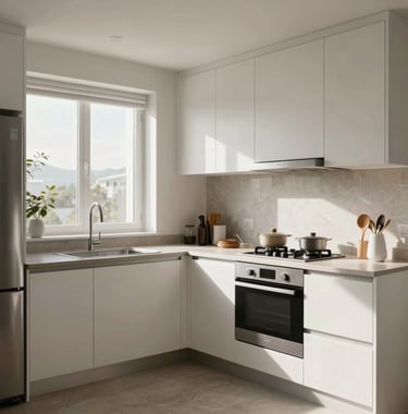 Interior of a modern kitchen in a Rosario apartment, high-quality finishes, natural morning light, clean and inviting atmosphere.