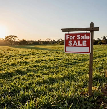 A beautiful landscape shot of a plot of land for sale in the outskirts of Rosario, Argentina, during the golden hour. The composition shows the potential for development with a professional 'For Sale' sign subtly placed. Colors are natural greens and warm sunlight.