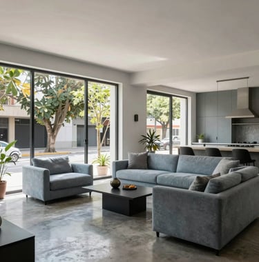 An interior shot of a sun-drenched modern apartment in Rosario, Argentina. High ceilings, polished concrete floors, and large windows overlooking a leafy street. The style is clean and sophisticated with neutral furniture in soft blue-grey and charcoal.