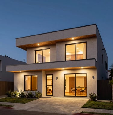 A high-quality real estate photo of a modern house facade at dusk in an Argentinian neighborhood. The exterior lighting is warm against a dark blue sky, highlighting the clean architecture and professional presentation.