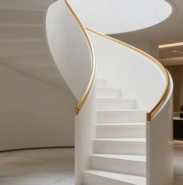 A close-up architectural photograph of a sleek, modern spiral staircase in a luxury home. The steps are pure pearl white, and the railing is a minimalist warm gold finish. Soft shadows and bright lighting emphasize the clean lines.