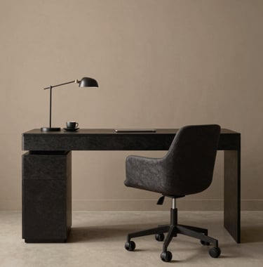 A stylish home office with a minimalist desk and a designer chair. The room is painted in a warm taupe beige with very dark charcoal accents.