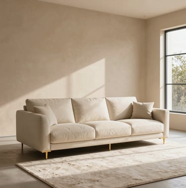 Interior shot of a bright, high-end living room with desert beige textured walls. A cream-colored minimalist sofa sits on a soft off-white rug. Gold decorative elements catch the afternoon sun streaming through large windows.