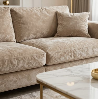 Close-up of an elegant living room interior featuring a sand beige velvet sofa, pearl white marble coffee table, and soft gold lighting fixtures. The atmosphere is calm, clean, and extremely luxurious.