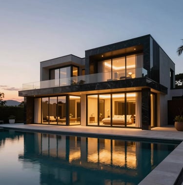 Exterior evening shot of a luxury villa's terrace. The building features deep onyx accents and large glass surfaces. A calm pool reflects the warm gold interior lights and the soft twilight sky.