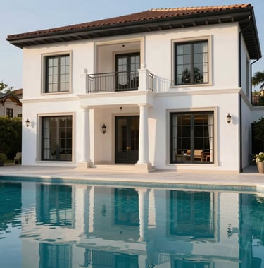 Exterior view of a luxury villa with a pearl white facade and charcoal black window frames. A crystal clear swimming pool in the foreground reflects the warm afternoon sun.