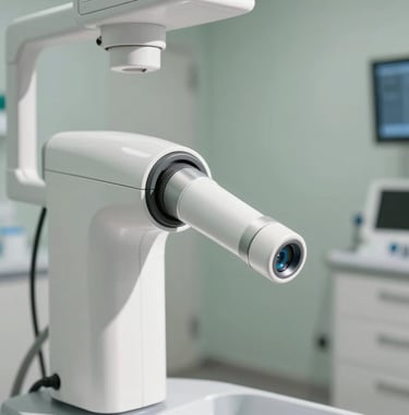 High-tech digital dental scanner inside a bright, modern clinic in Southern Europe. Soft morning light, clean white and sage green interior.
