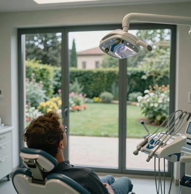 Patient perspective of a serene dental room with large windows overlooking a lush Italian garden. No medical equipment visible, focus on calm view.