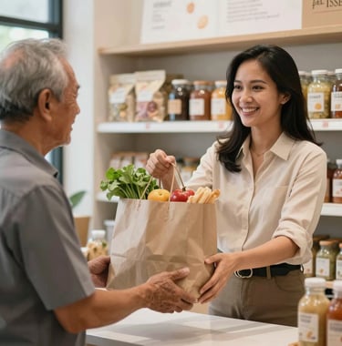 A professional Southeast Asian / Indonesian woman handing over a grocery package to an elderly man in a clean, modern storefront environment.