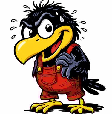 Funny cartoon black crow character wearing red overalls and sweating on a white background.