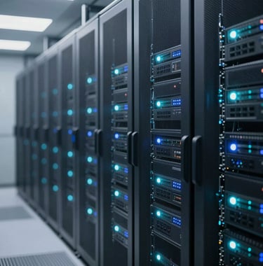 A close-up of a high-tech data center interior with rows of server racks glowing with soft blue and teal lights. A sense of order, security, and institutional technology. Clean and symmetrical composition.