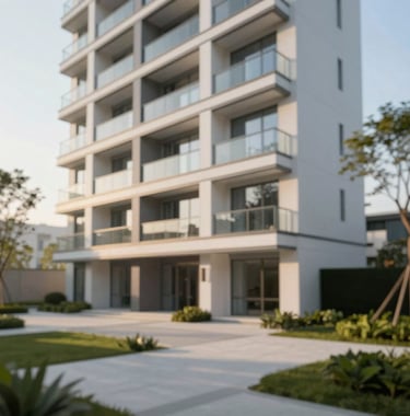 A high-end residential real estate project with modern architecture, featuring clean white walls, glass balconies, and manicured landscaping. The lighting is late afternoon sun, creating long shadows and a premium corporate feel.