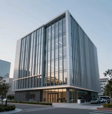 Exterior of a modern, high-tech data center building. Minimalist facade with glass and steel, featuring professional lighting and a sophisticated atmosphere. Clean and corporate look using the HUS Invest palette.