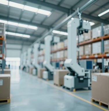 A modern logistics warehouse with high ceilings and sophisticated automated systems. The lighting is bright and clean, emphasizing efficiency and scale. Colors are integrated within the #E8F2F3 and #7BA6A8 range.