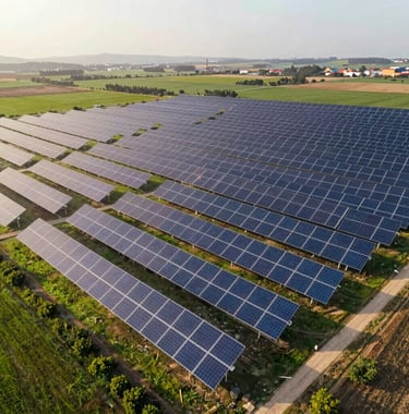 Aerial view of a massive solar park in Portugal. The panels are neatly arranged across a vast green landscape under a warm sun. The image conveys scale, sustainability, and development progress. Brand colors reflected in sky and foliage.