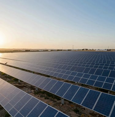 Panoramic view of a large-scale solar power plant in Portugal. Thousands of panels reflecting the soft light of a golden hour sunset. Professional, clean, and institutional photography with colors echoing #2A5B6F and #7BA6A8.