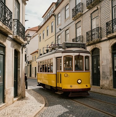 A photography shot of a narrow, cobbled street in historic Lisbon with a classic yellow tram passing by. The surrounding buildings have traditional tiles and balconies. Bright daylight highlighting the warm taupe and gold tones.