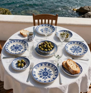 A top-down photography shot of a beautifully set outdoor dining table with Portuguese ceramics, olives, and fresh bread on a terrace overlooking the sea. Southern European / Portuguese lifestyle photography.