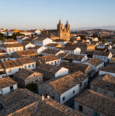 A wide aerial shot of a historic Portuguese village at golden hour. Tiled roofs in warm taupe and muted bronze create a rhythmic pattern. The composition is elegant and clear, showcasing the unique beauty of the region.