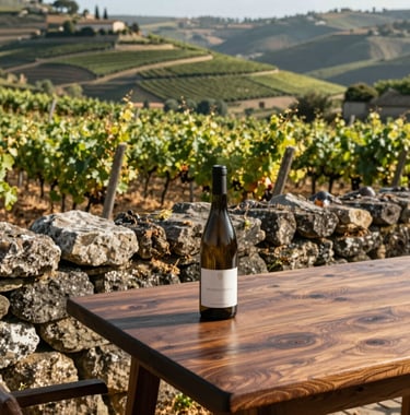 Photography of a sun-drenched vineyard in the Douro Valley. The scene captures a rustic stone wall and a bottle of wine on a deep walnut wooden table. Southern European / Portuguese landscape in soft morning light.