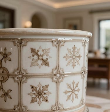 Close-up detail of traditional Portuguese ceramic patterns in soft off-white and warm taupe tones within a luxury villa interior. Soft, elegant lighting highlighting the craftsmanship and unique cultural heritage.