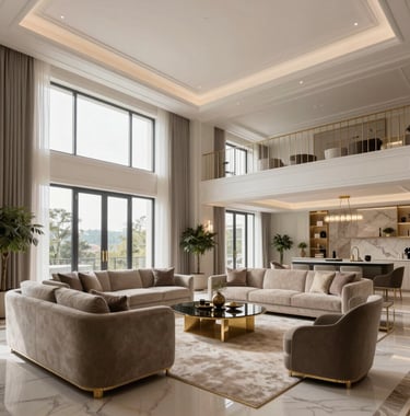 An elegant interior shot of a luxury Portuguese living room with high ceilings, soft off-white walls, and floor-to-ceiling windows. The decor features muted gold accents and sophisticated taupe furniture in a clean, modern Southern European style.