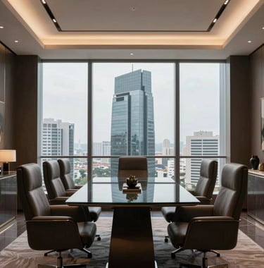 A sharp professional photograph of a premium meeting room in a modern Vadodara skyscraper. Sleek leather chairs, a glass table, and minimalist Indian decor. The atmosphere is sophisticated and elite.