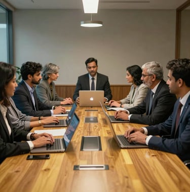 A team of South Asian / Indian professionals collaborating around a polished boardroom table with Amber Gold details, modern staffing technology setting, elite corporate vibes.